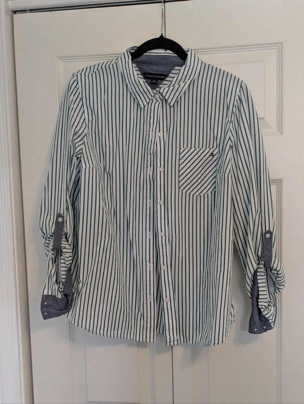 Tommy Hilfiger White and Green Striped Women's Button-Down Shirt Size Large